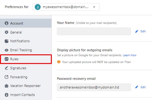 The Rules section in the Preferences panel of Titan Email 