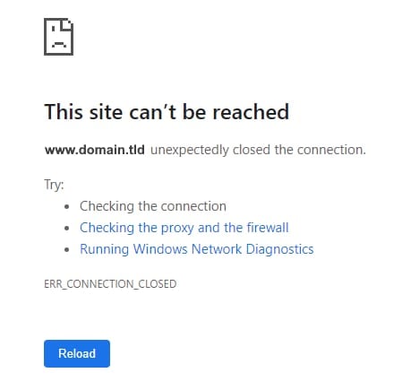 A sample of the error message on a domain indicating
