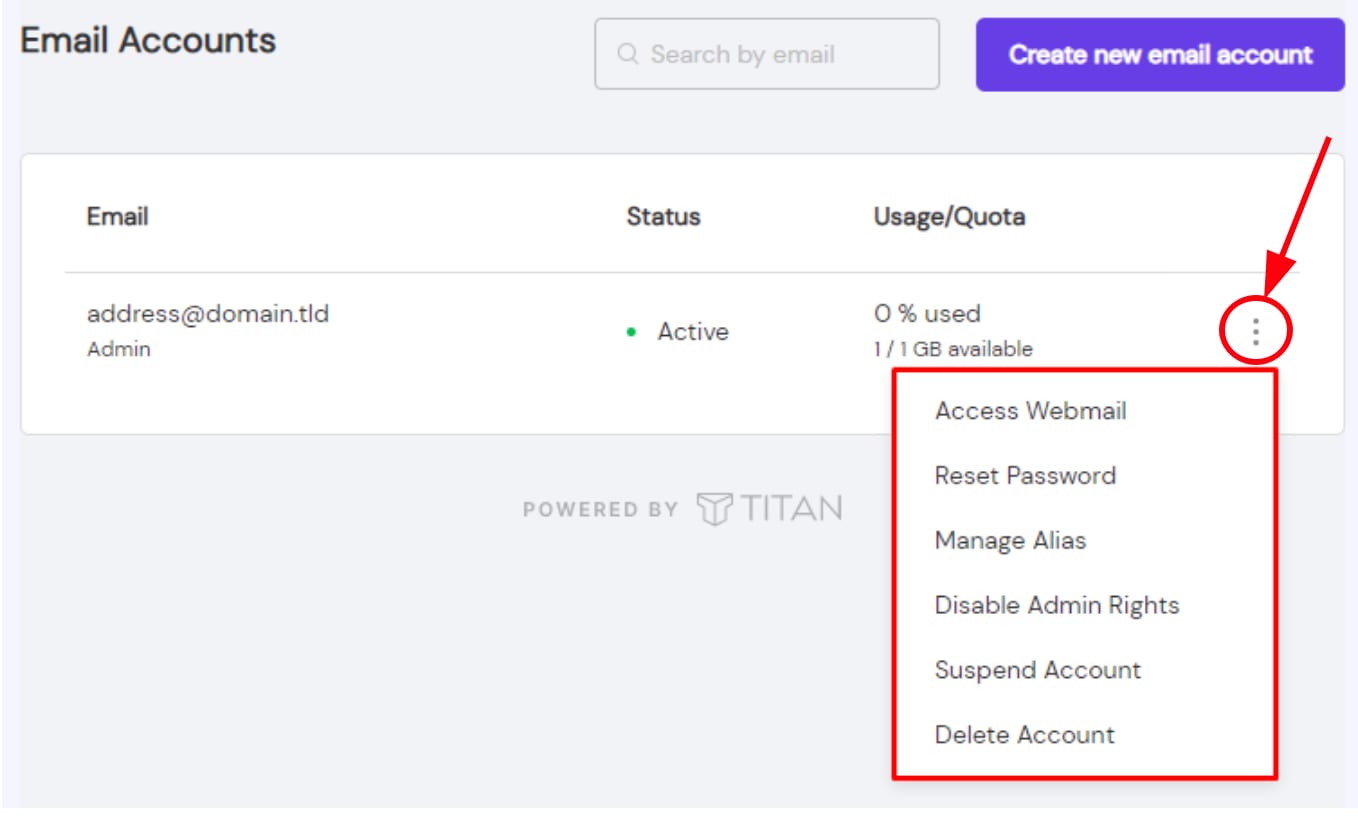 Email Account management options with Titan Email
