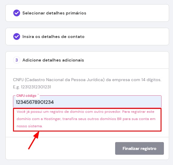 An error message shown while registering a .BR domain 
