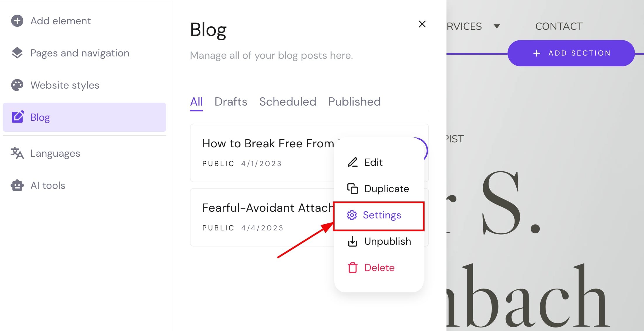 Accessing blog post settings in Hostinger Website Builder