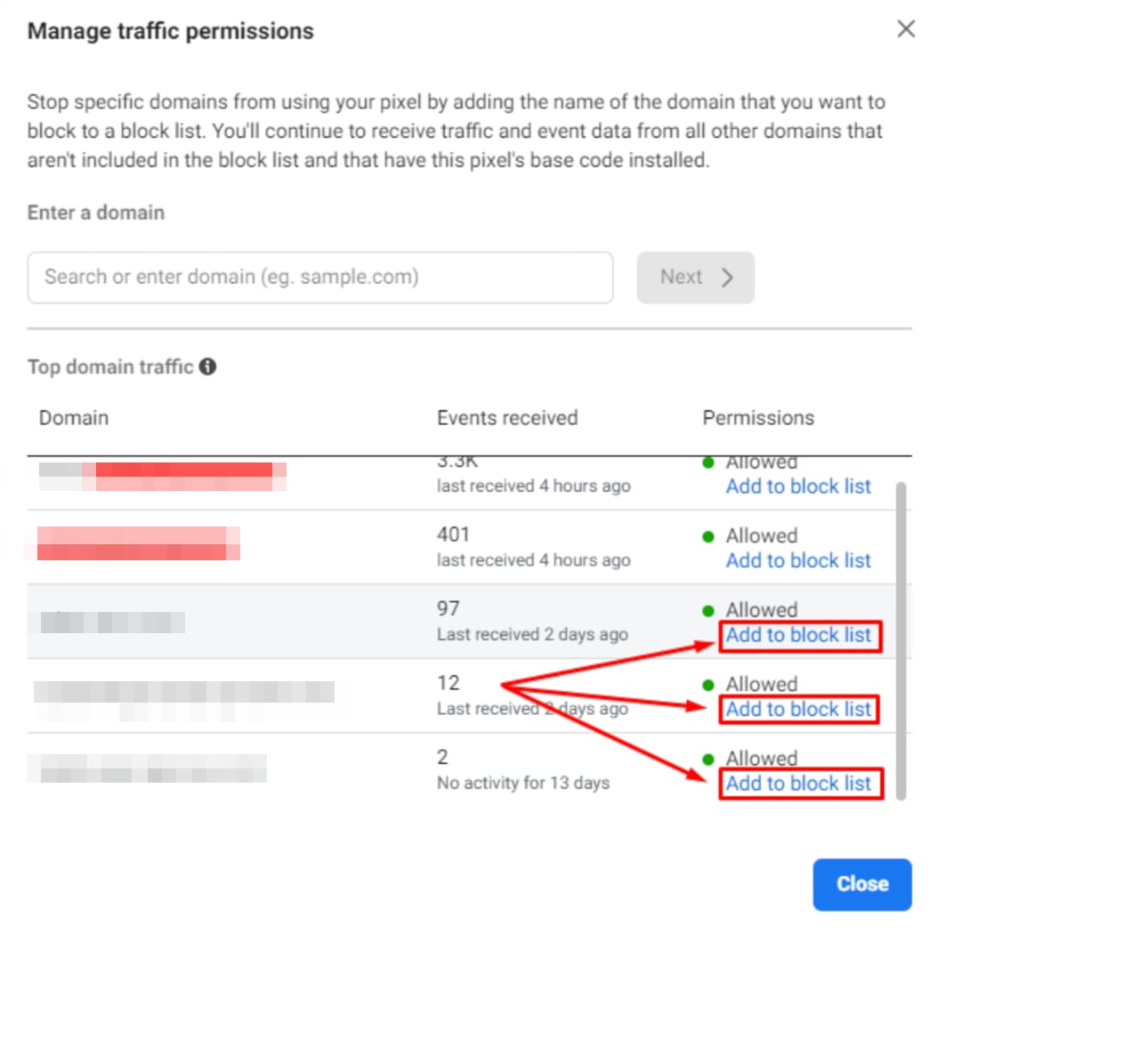 Facebook pixels' traffic permission settings