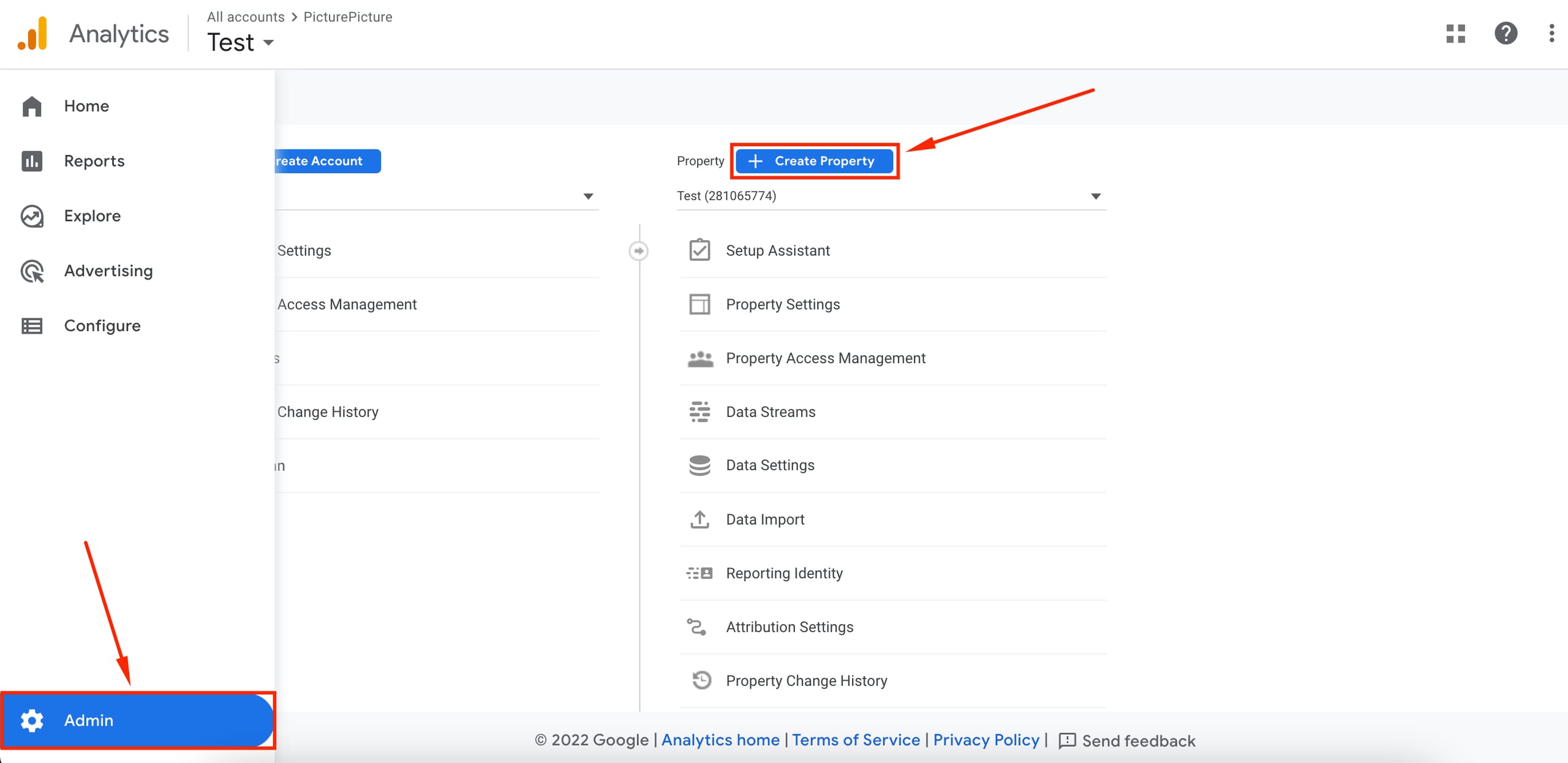 The Create Property button in the admin panel of Google Analytics