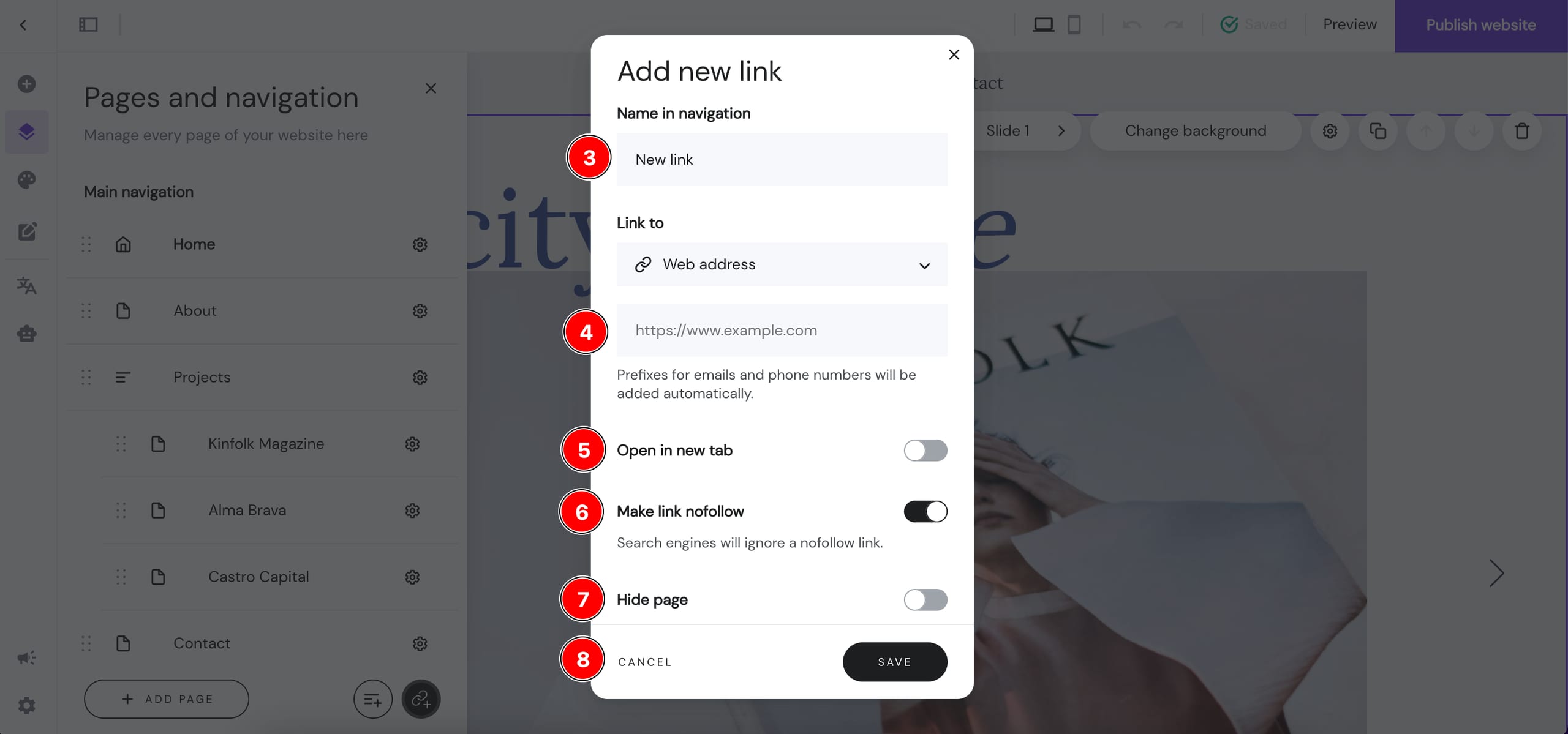 A settings pop-up for adding a link to the website's menu bar
