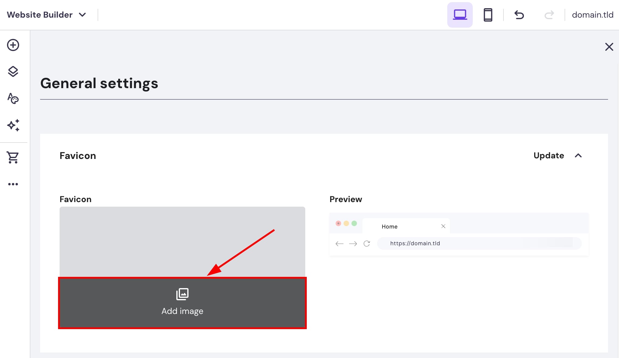 The favicon settings in Hostinger Website Builder
