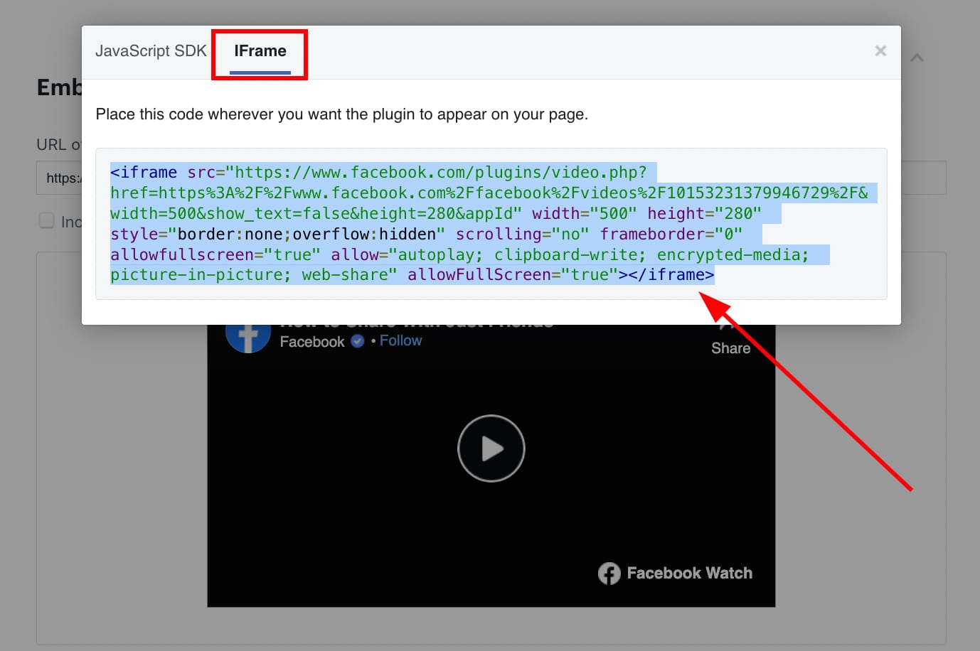 Copying the iframe code of the Facebook video