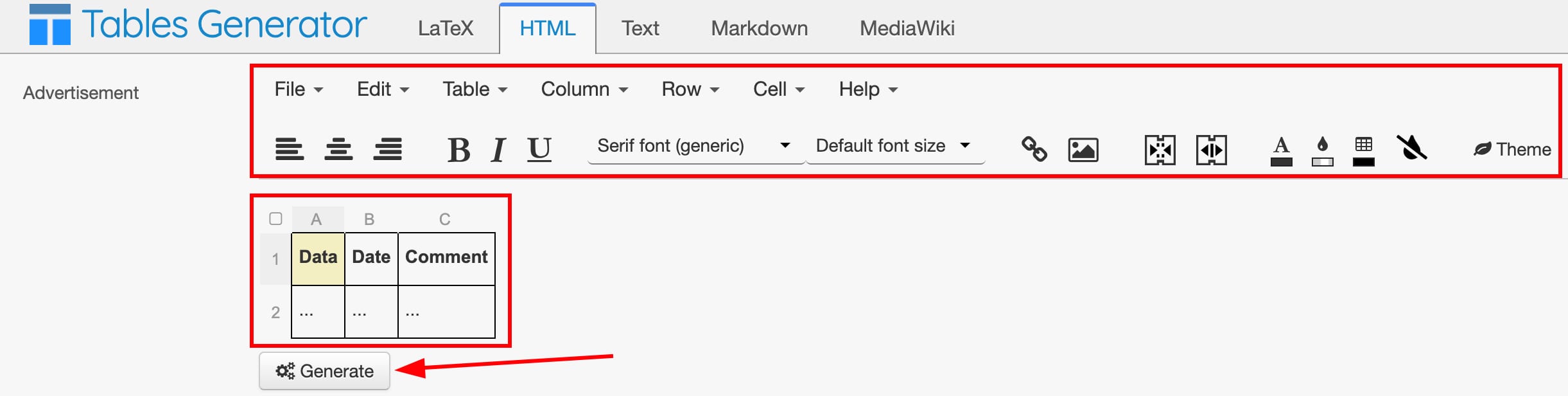 Creating a table with Tables Generator