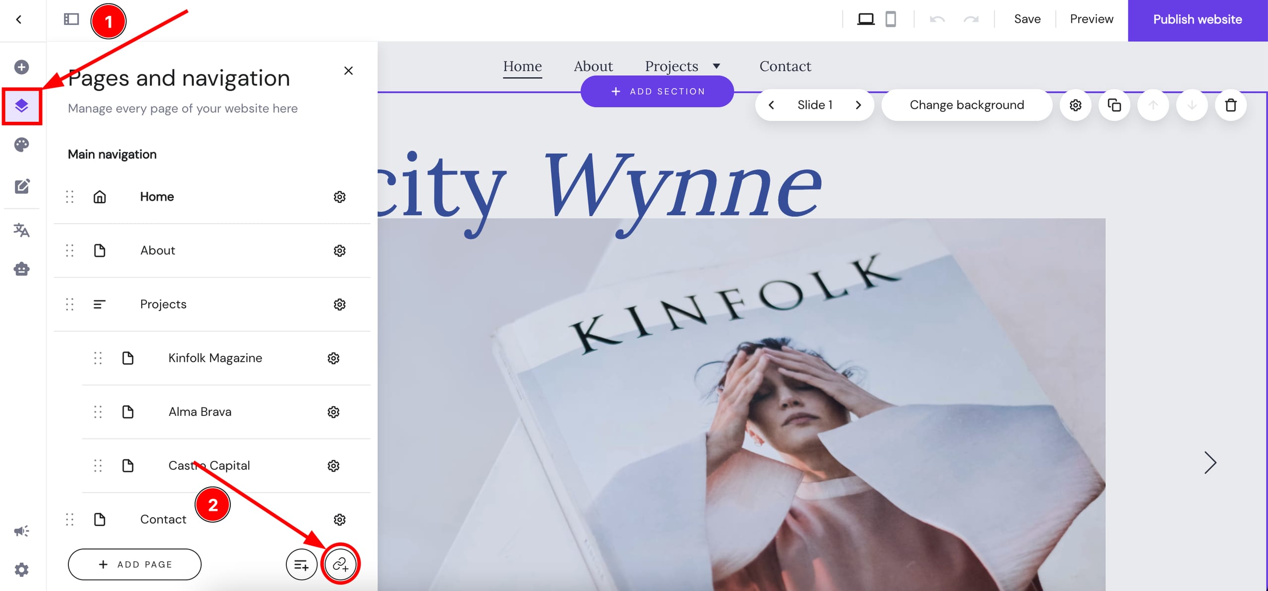 The button that allows adding a link to the website's menu bar