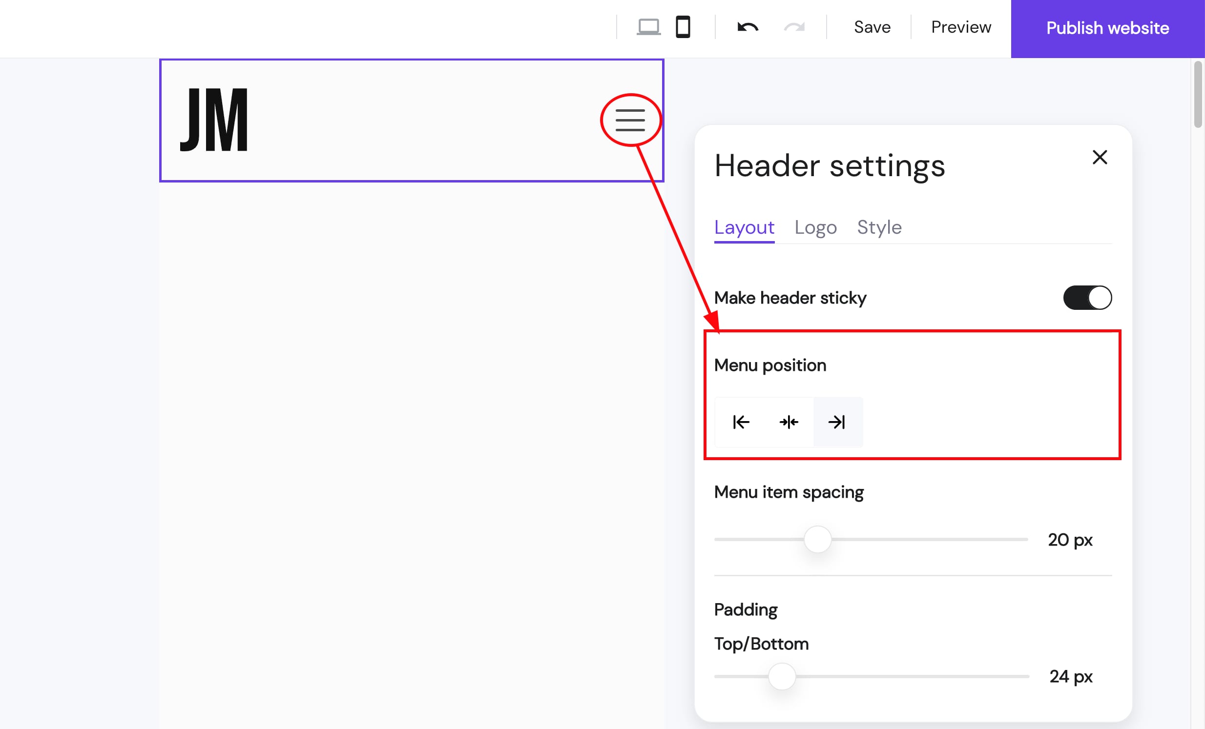 Changing the website's logo position in Hostinger Website Builder