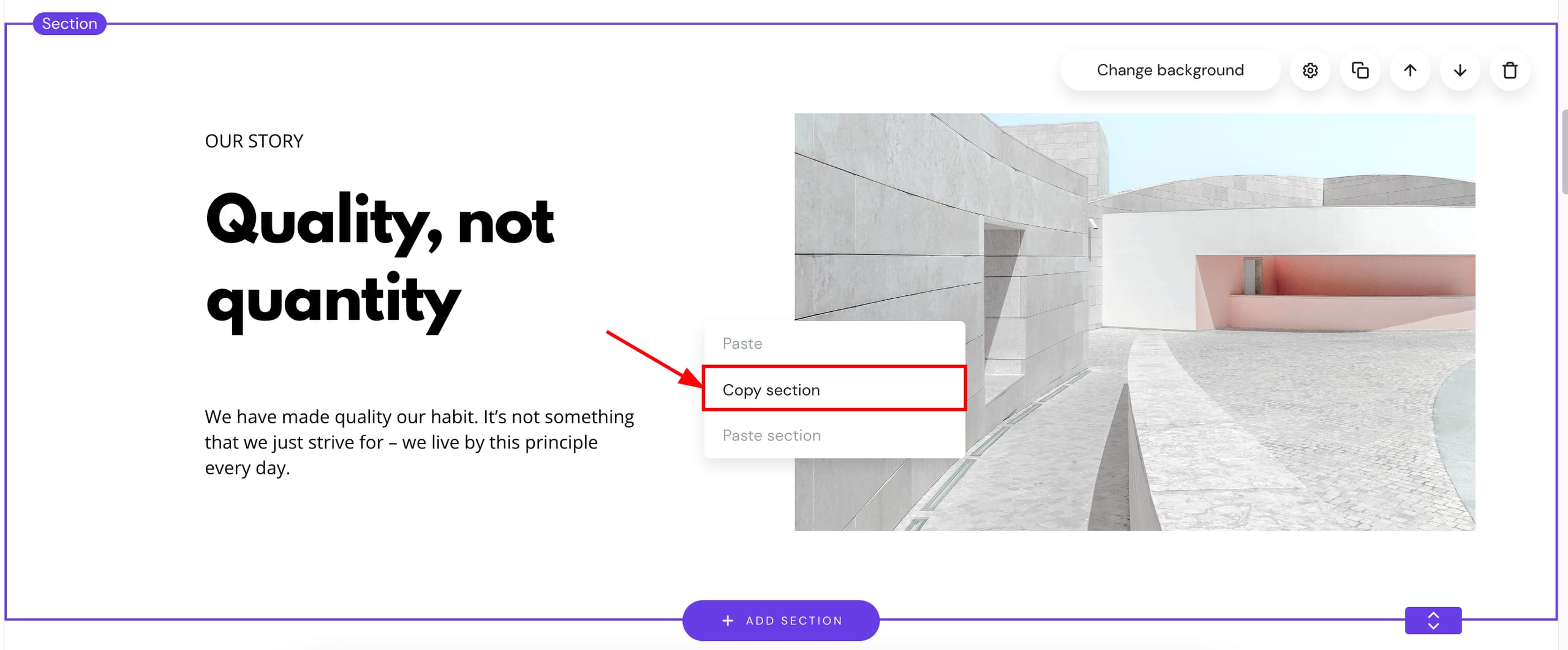 Copying a section in Hostinger Website Builder