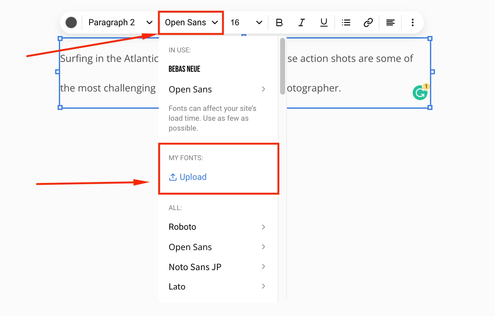 Font options in the text element settings