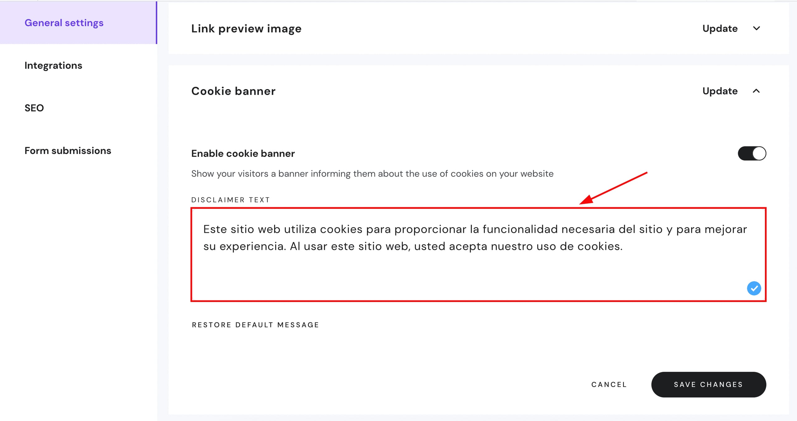 Manually translating the cookie banner text to the preferred language