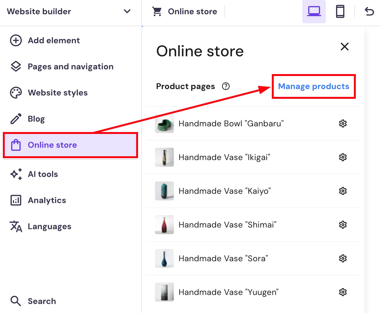 The way to manage products in Hostinger Website Builder