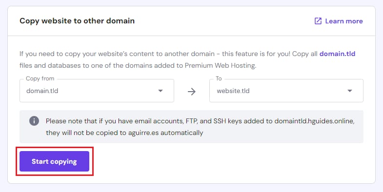 The Copy website feature in hPanel