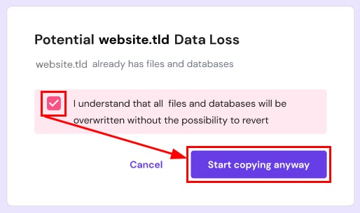 The Copy website feature in hPanel