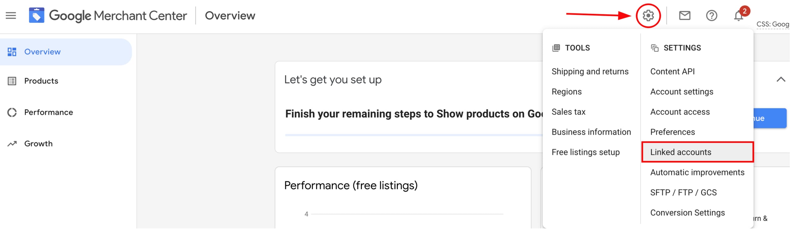 Linked accounts settings in Google Merchant Center