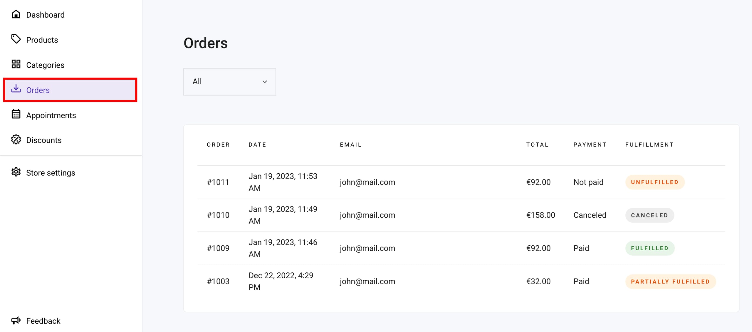 The Orders page in Hostinger Website Builder 