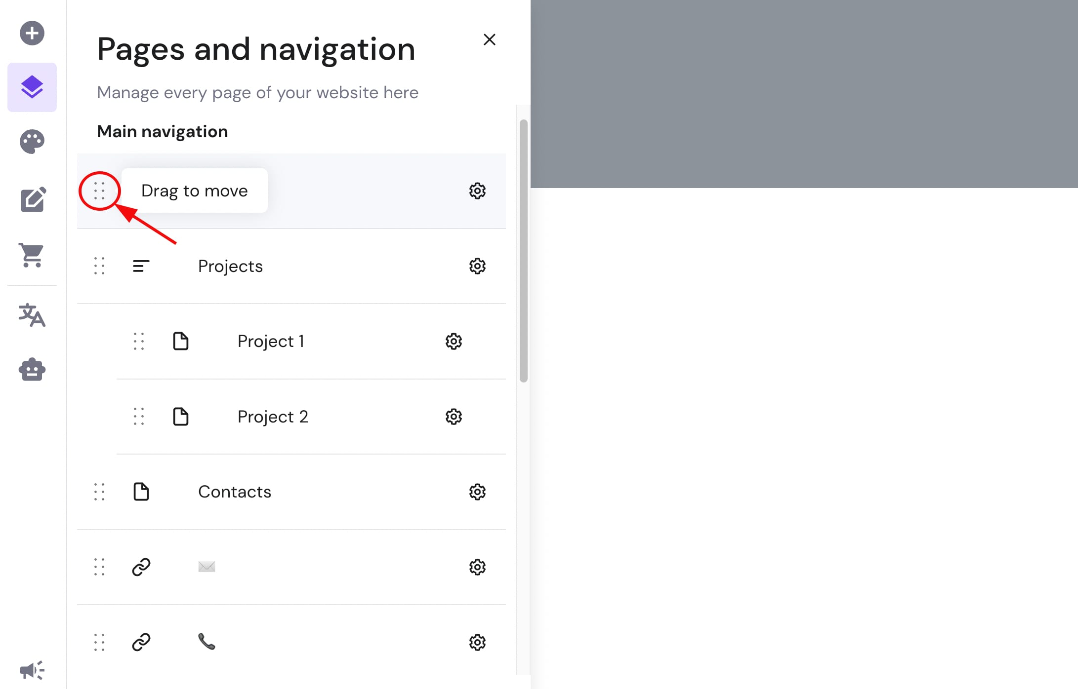 The handle resembling six dots allows dragging a page up or down
