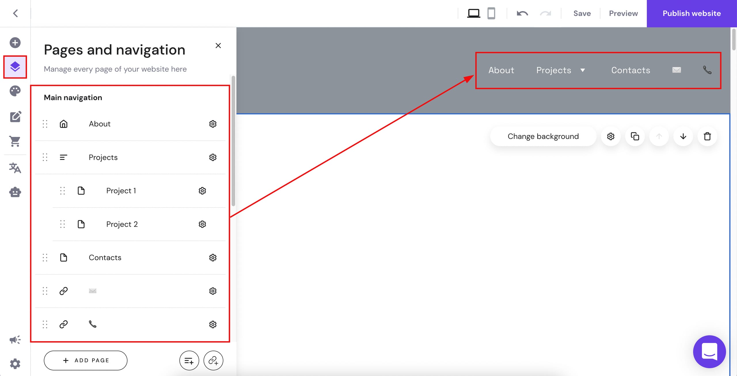 The main website's menu items