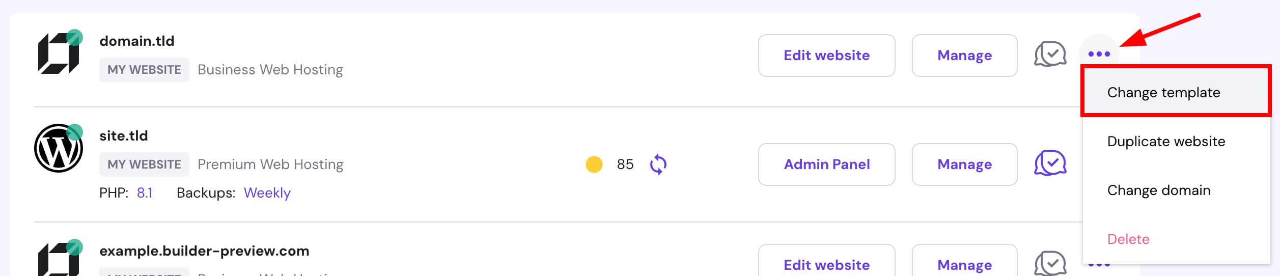The button Change template in the Websites section