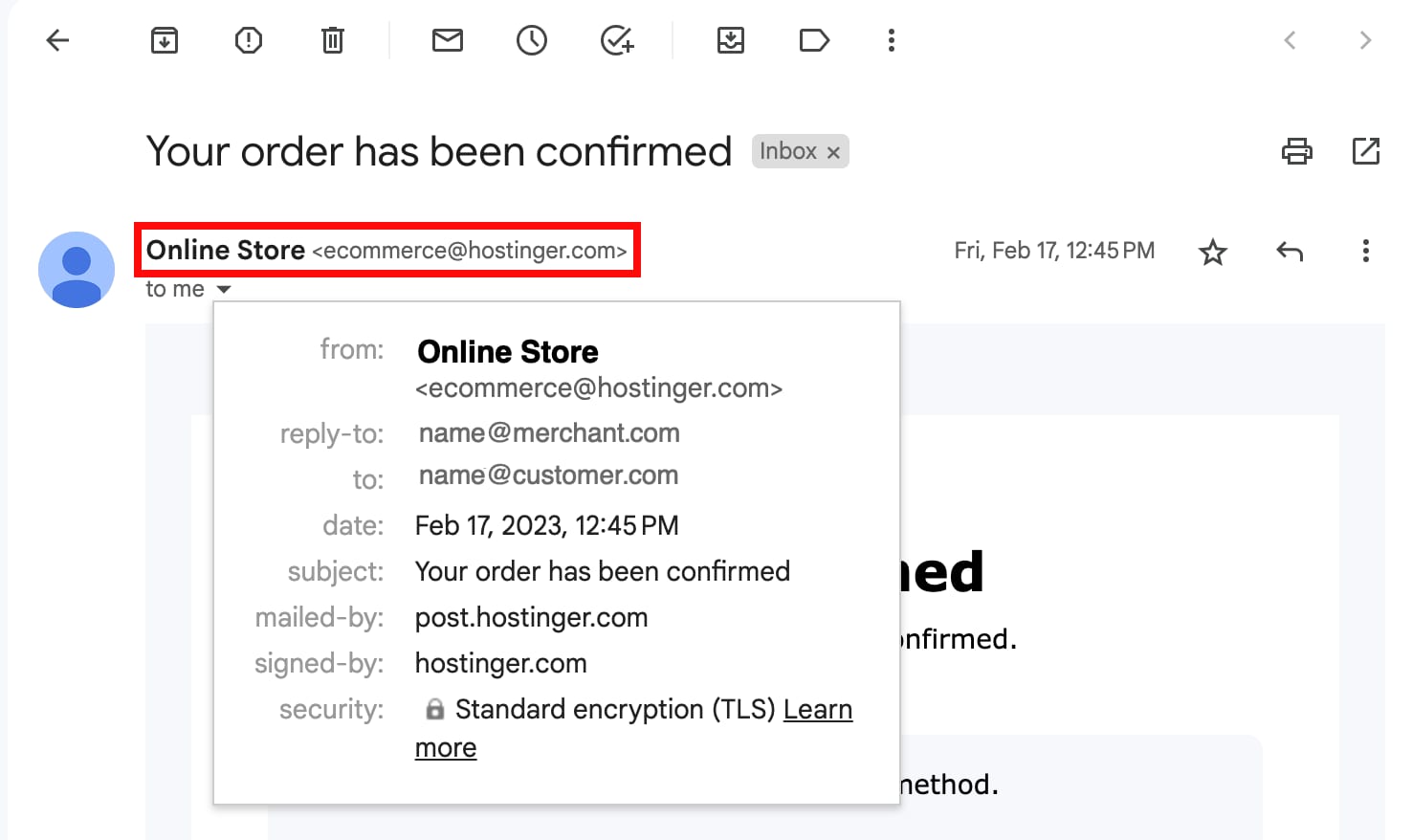 An example of order confirmation email