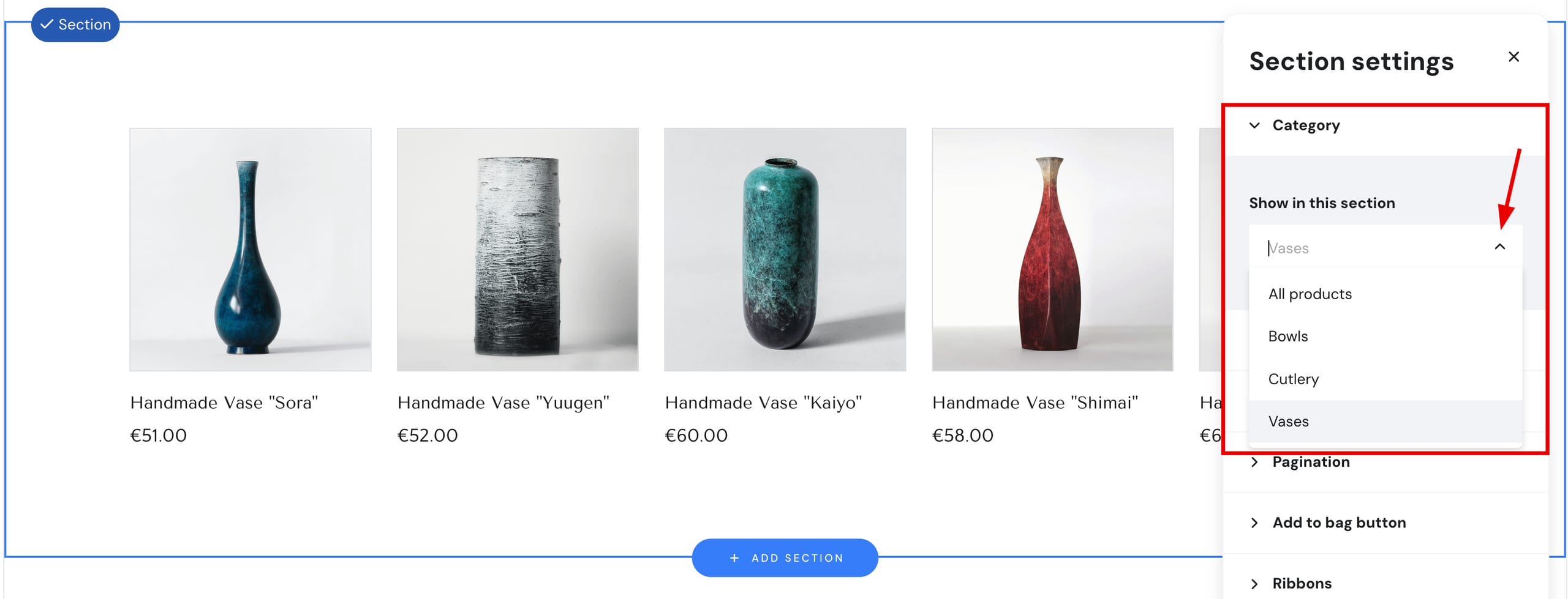Displaying a preferred product category in a product lists eciton in Hostinger Website Builder