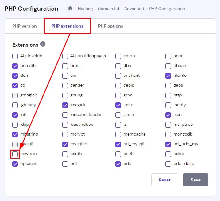 The PHP extensions tab on PHP Configuration section showing where to enable newrelic