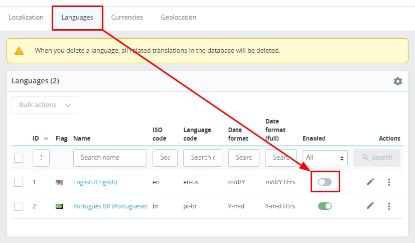 The Languages tab showing how to disable a language