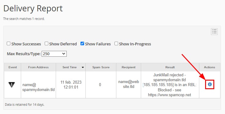 The Delivery Report section showing how to open the delivery details
