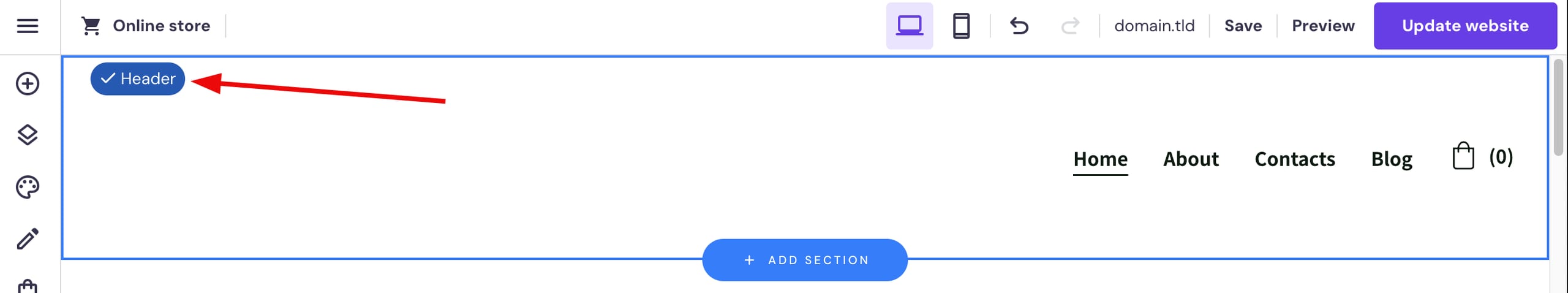 The header section in Hostinger Website Builder