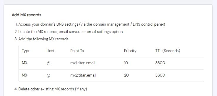 The Titan Domain Verification section showing Titan Email MX record values