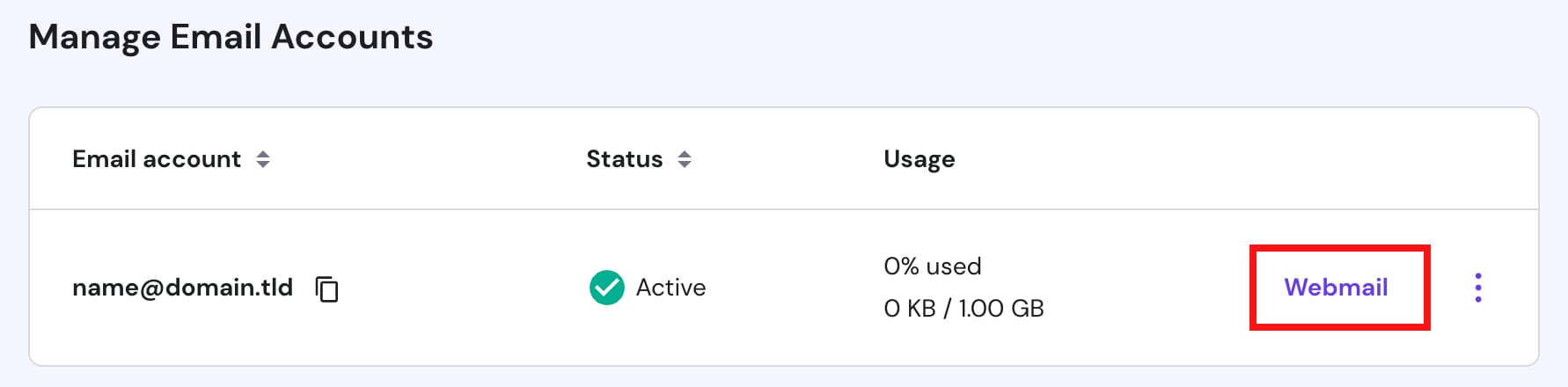 The button Webmail for accessing an email account in Hostinger Email