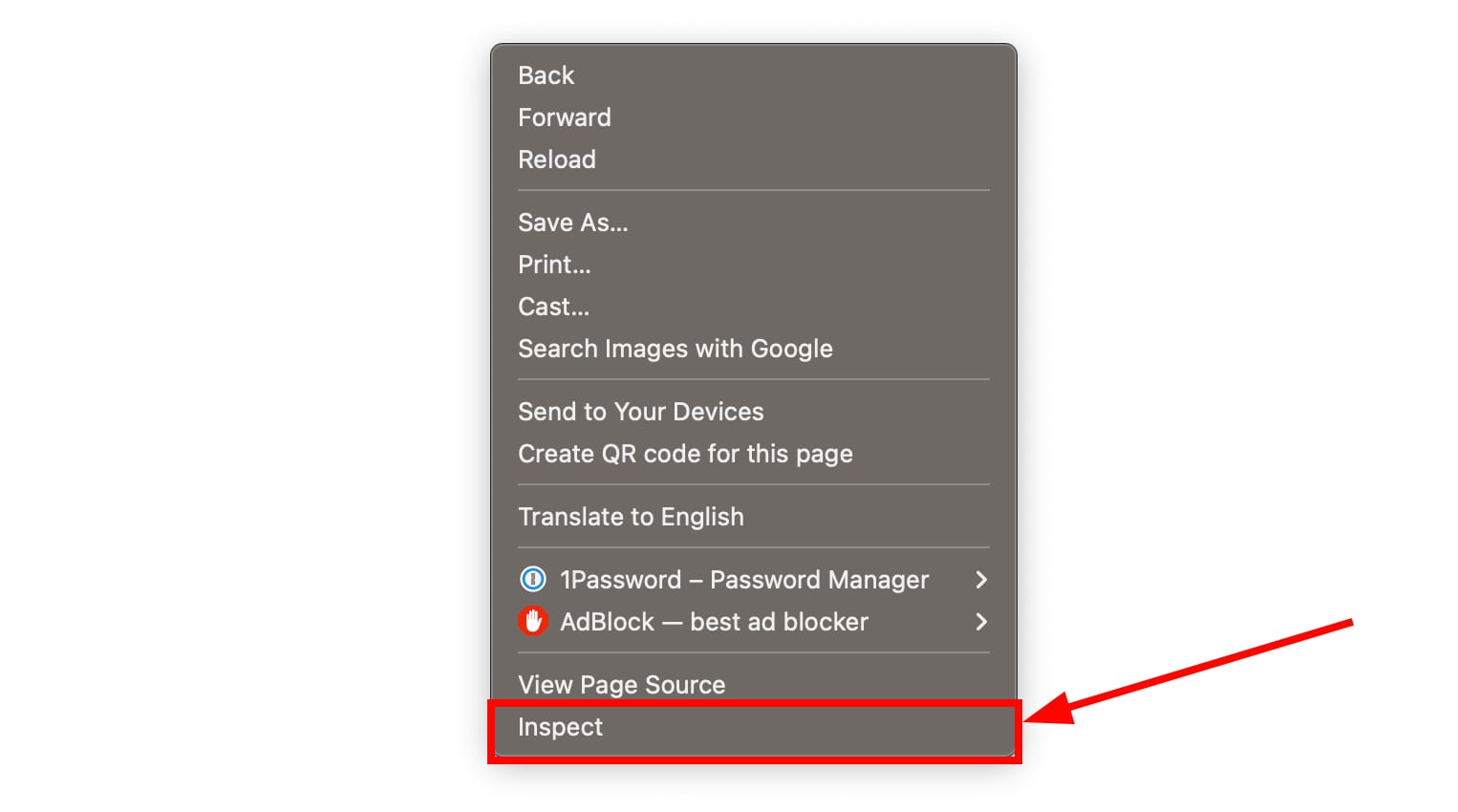 A right-click on a webpage opens a secondary menu which includes the option to inspect the page