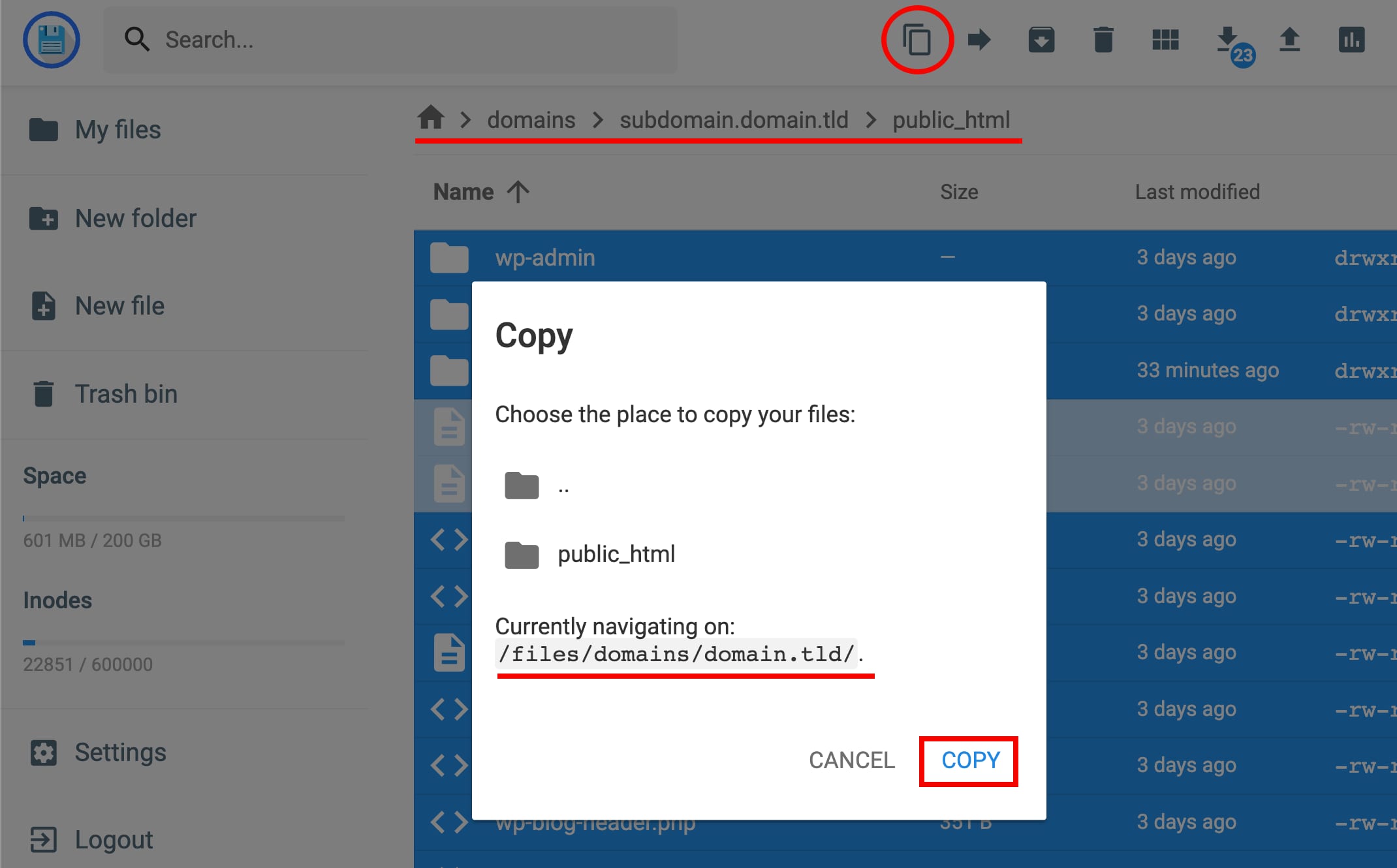 Copying files within a hosting plan at Hostinger