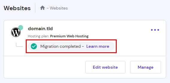 The migration status displayed in hPanel → Websites