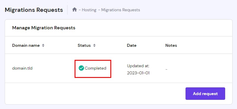 The migrations requests list highlighting the status of a request
