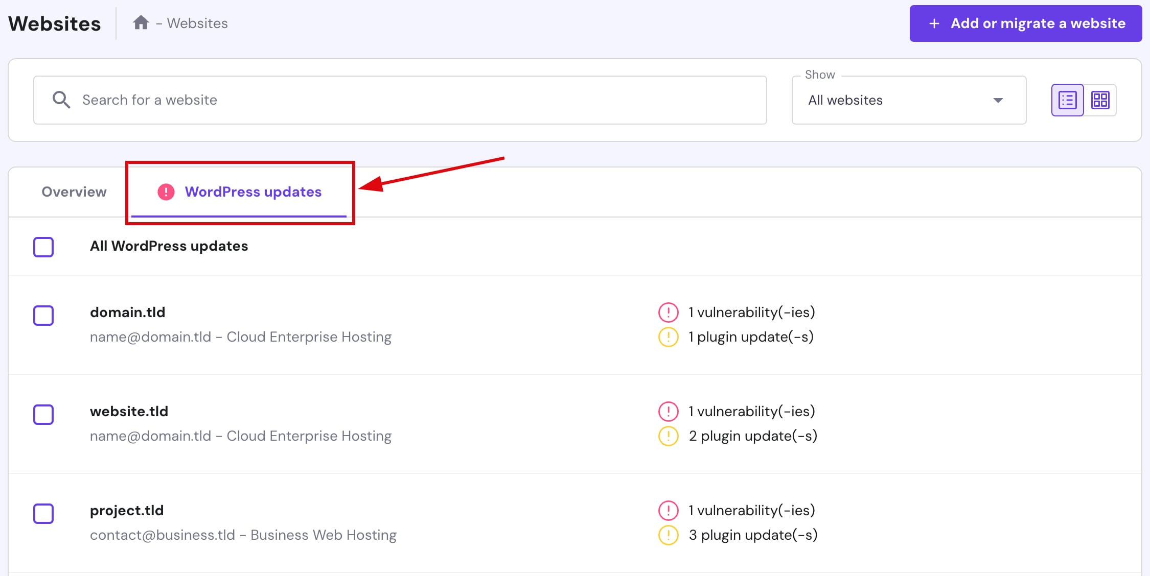 The WordPress updates tab in the Websites section at Hostinger