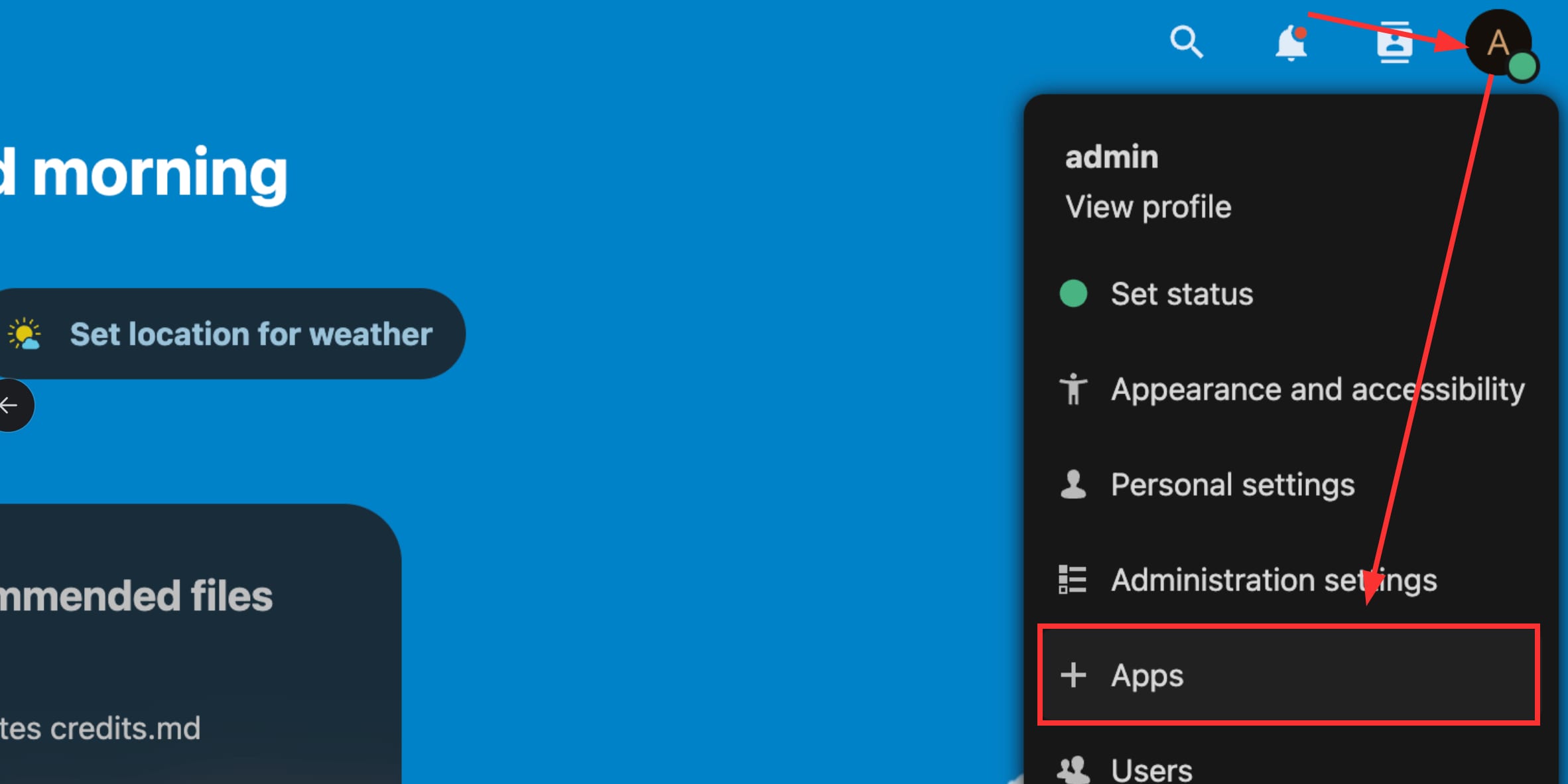 The Apps menu in Nextcloud