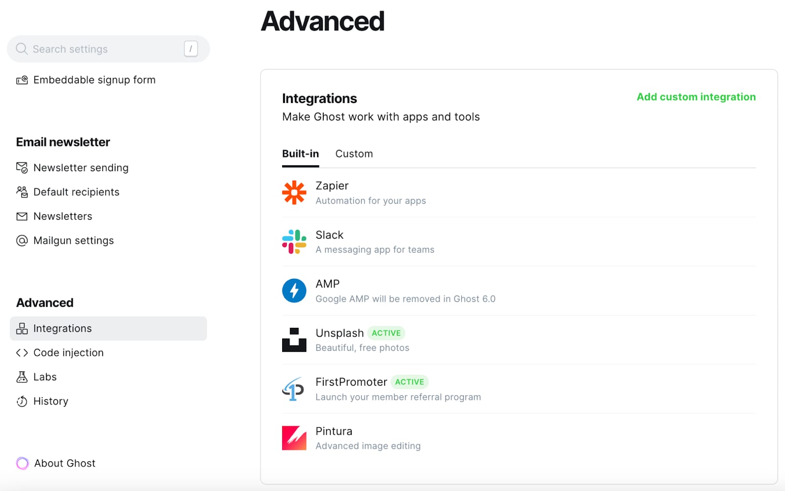 The integration settings in Ghost