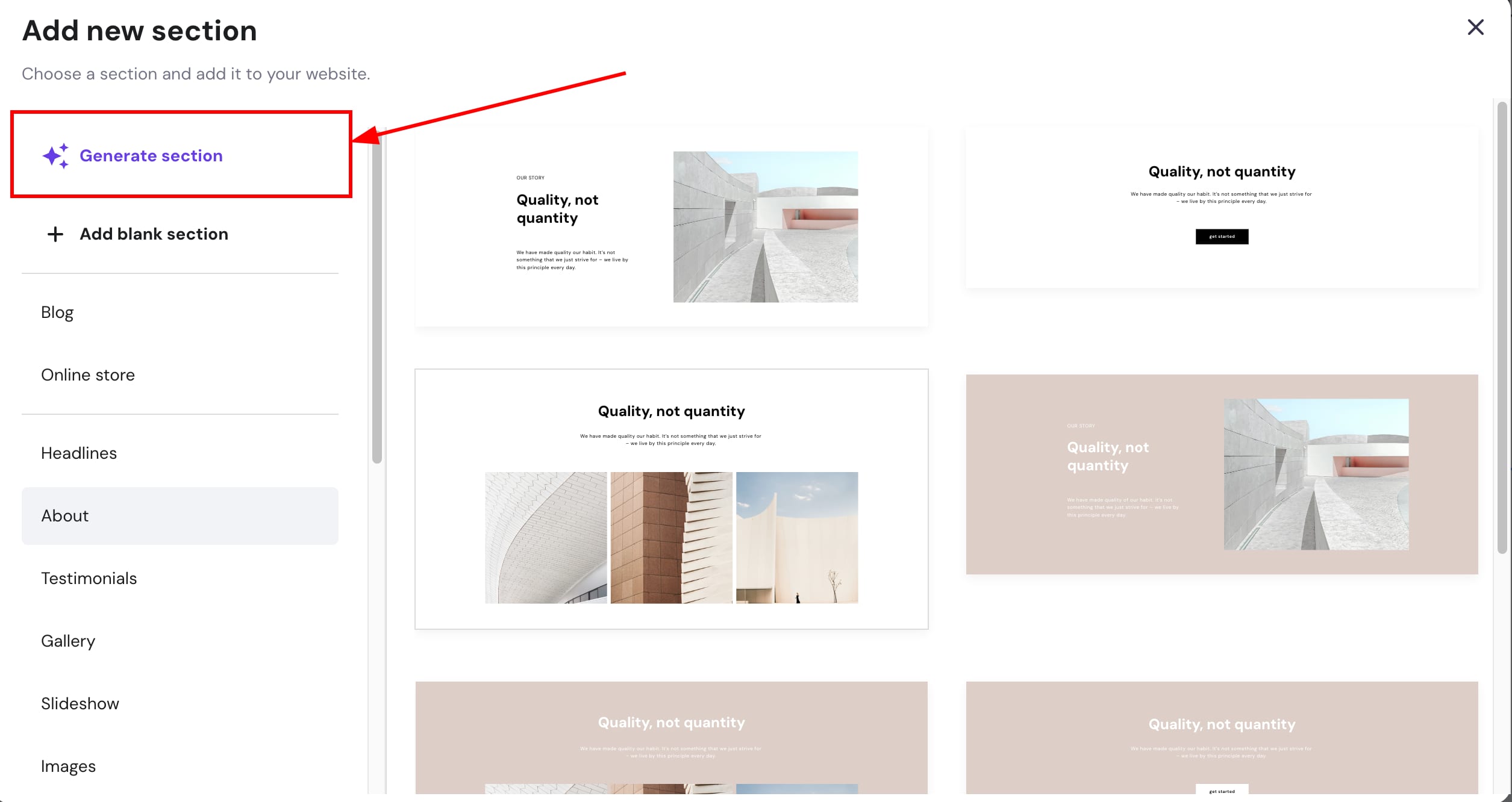 Generating a section with Hostinger Website Builder