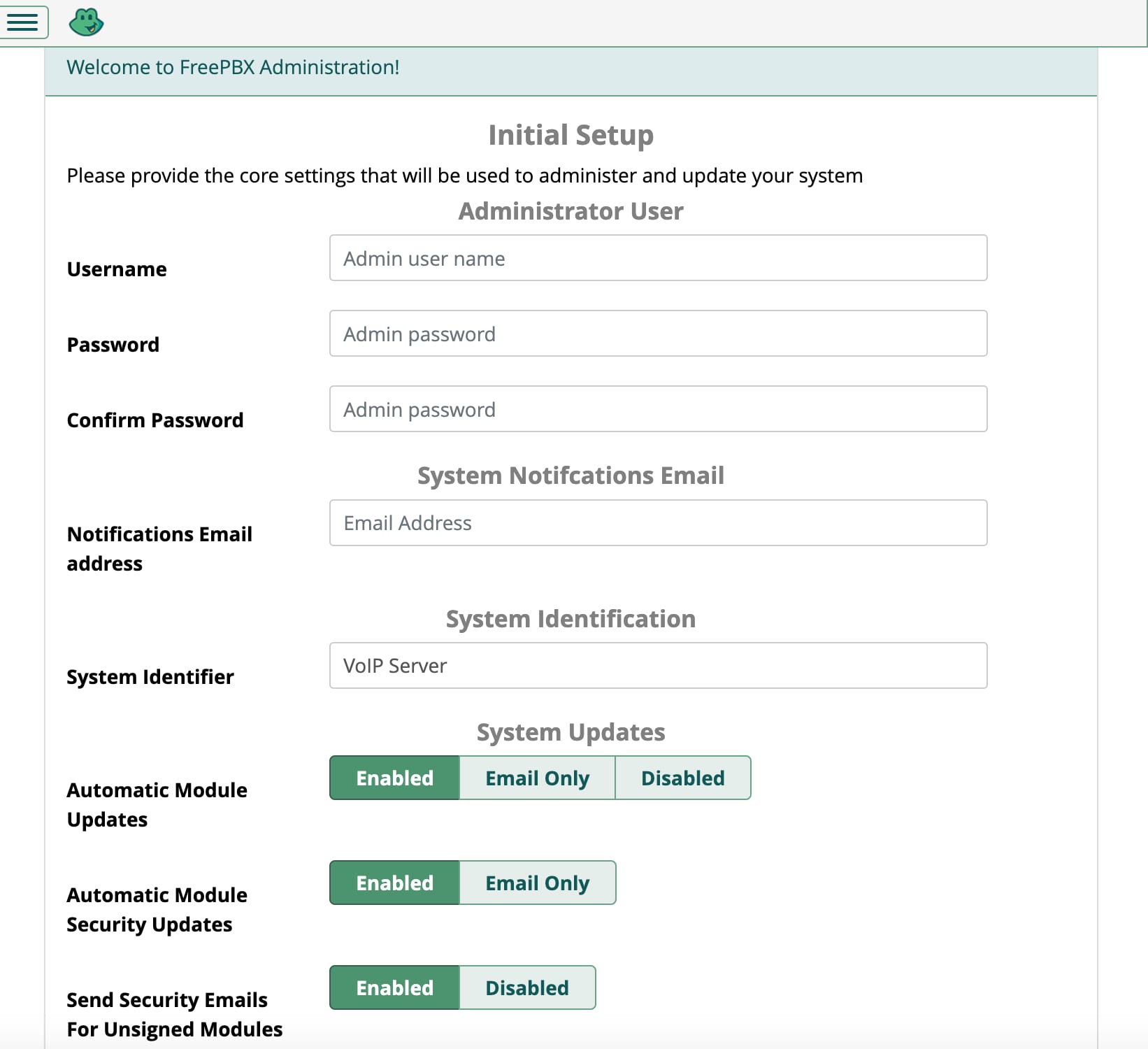The FreePBX initial setup page