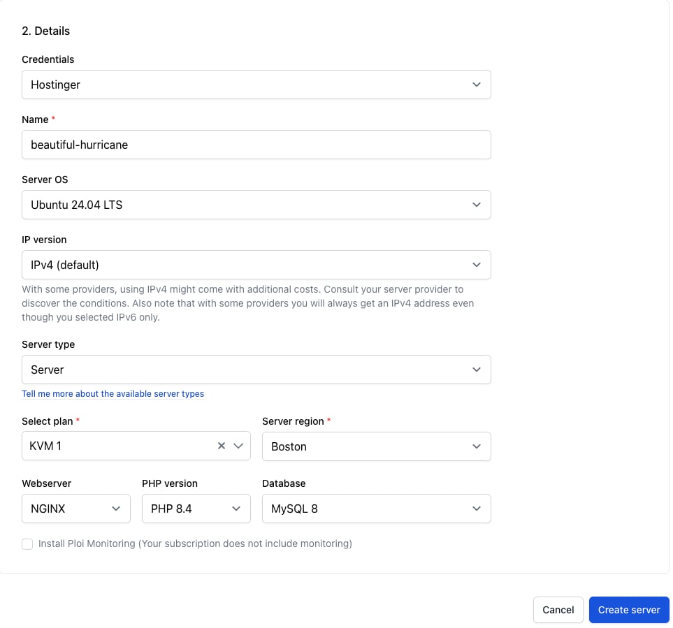 Hostinger VPS configuration in Ploi.io
