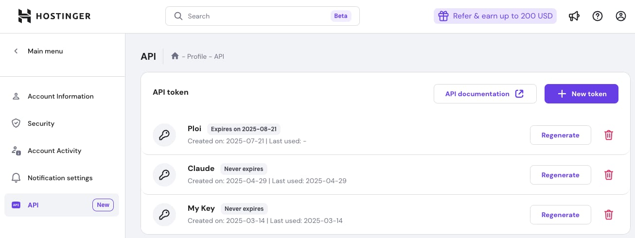Hostinger API token