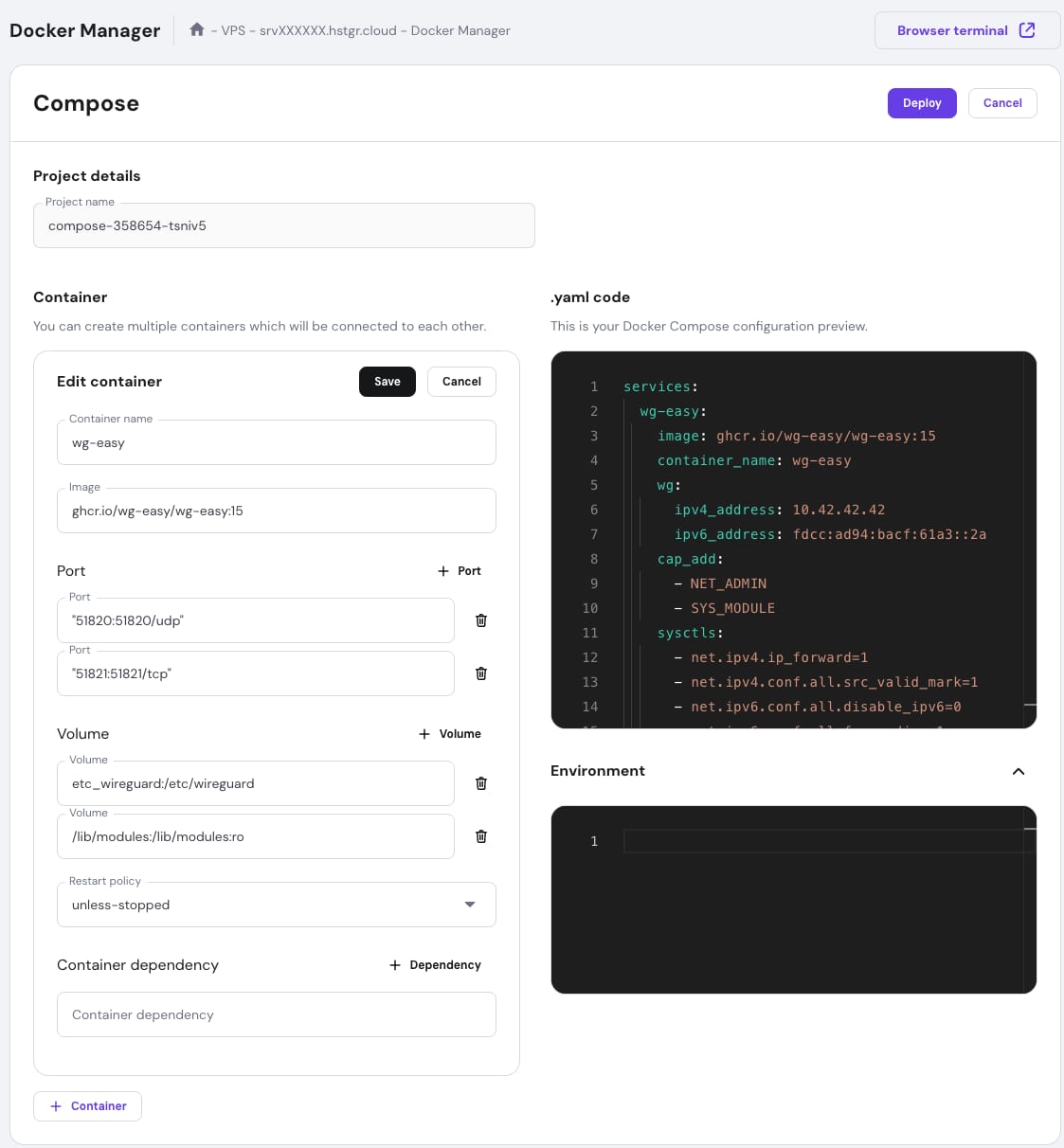 Hostinger Docker manager compose editor