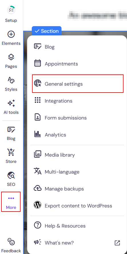Website Builder More menu open with General settings highlighted