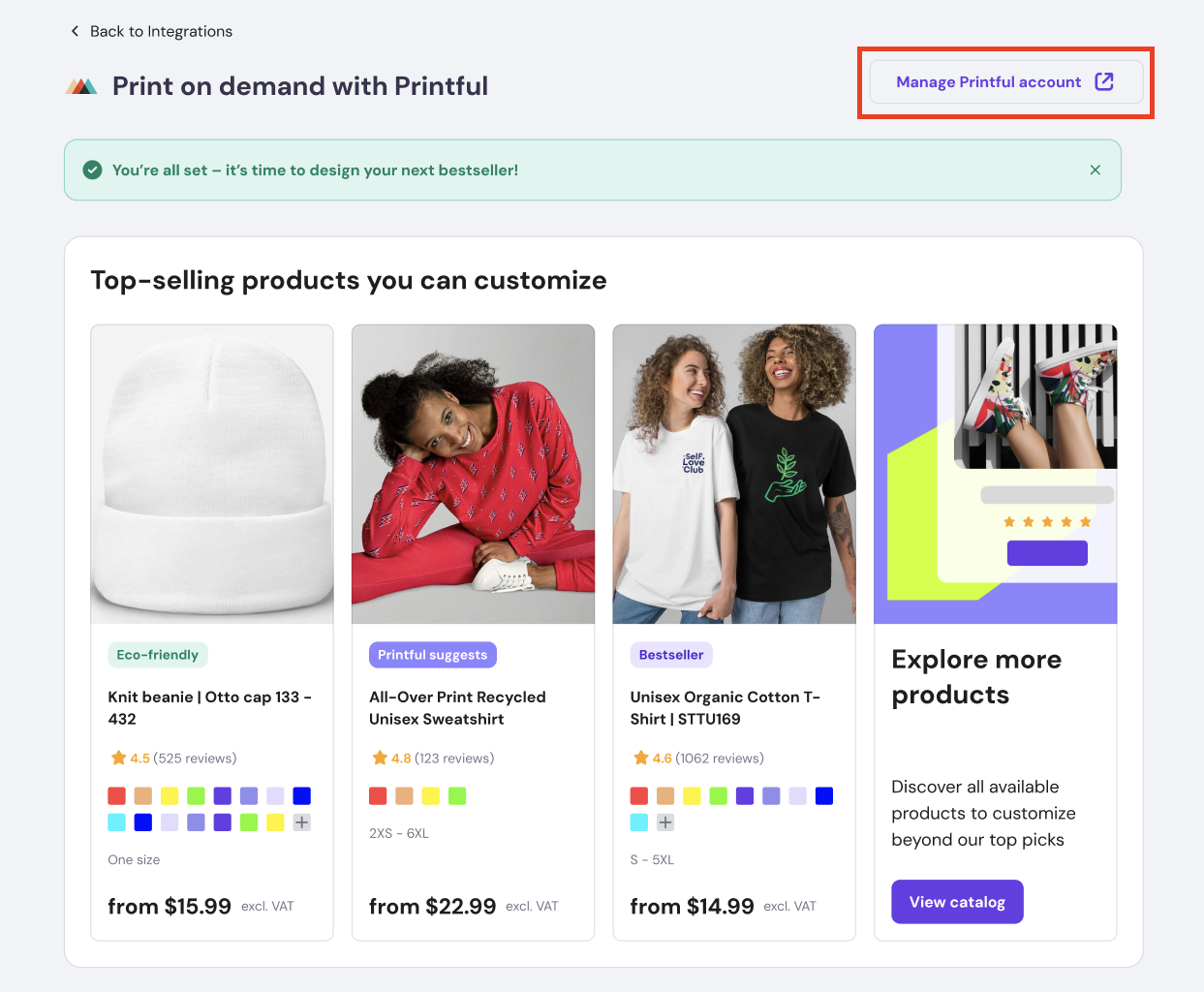 Manage Printful account button on Hostinger integrations page