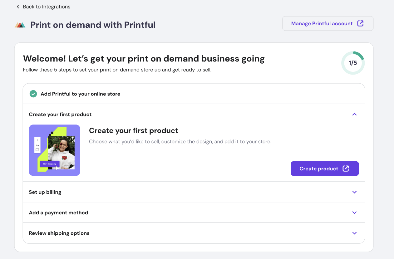 Printful integration setup page with Create product button highlighted