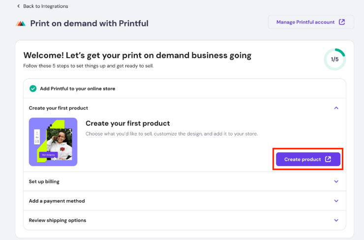 Printful create product button in Hostinger integrations setup panel