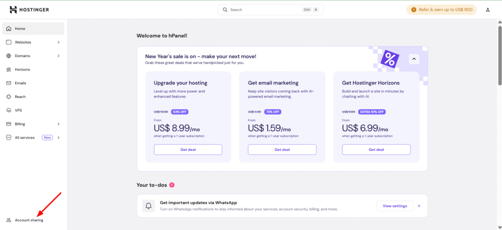 Hostinger hPanel Account Sharing screen