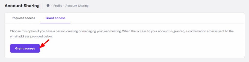 Hostinger Grant Access screen